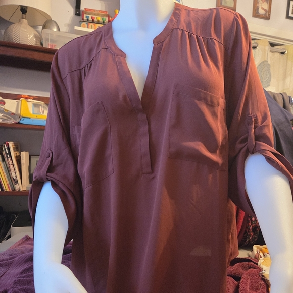 torrid Tops - Torrid Harper Deep Burgundy Blouse with Roll-Up Sleeves